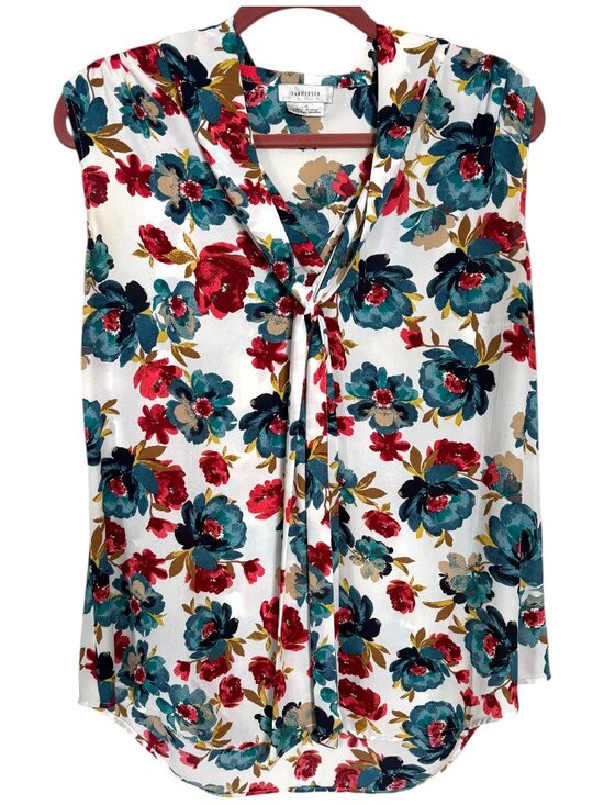 Van Heusen Tops - Van Heusen | White & Floral Sleeveless Blouse w/ Front Tie | Size L